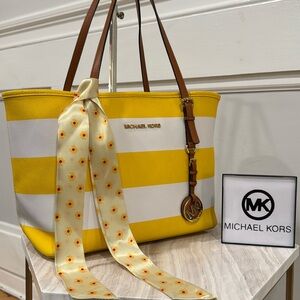 Michael Kors Yellow and White Striped Tote